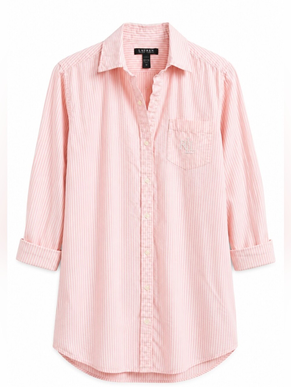 Lauren Ralph Lauren Pink Pinstripe Sleep Shirt, Embroidered Pocket, XS, Preppy